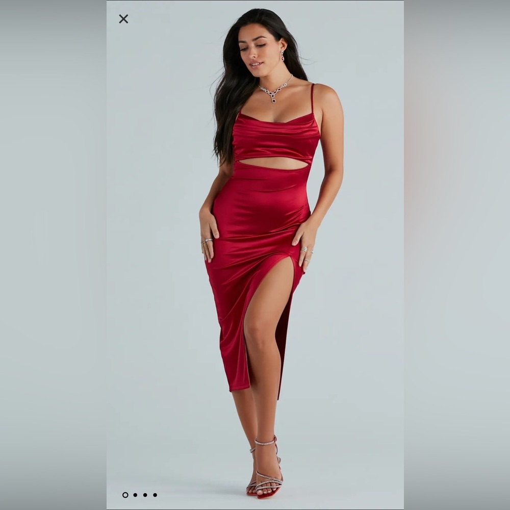 Red Cutout Slit Gown with Cowl Neck for Cocktail